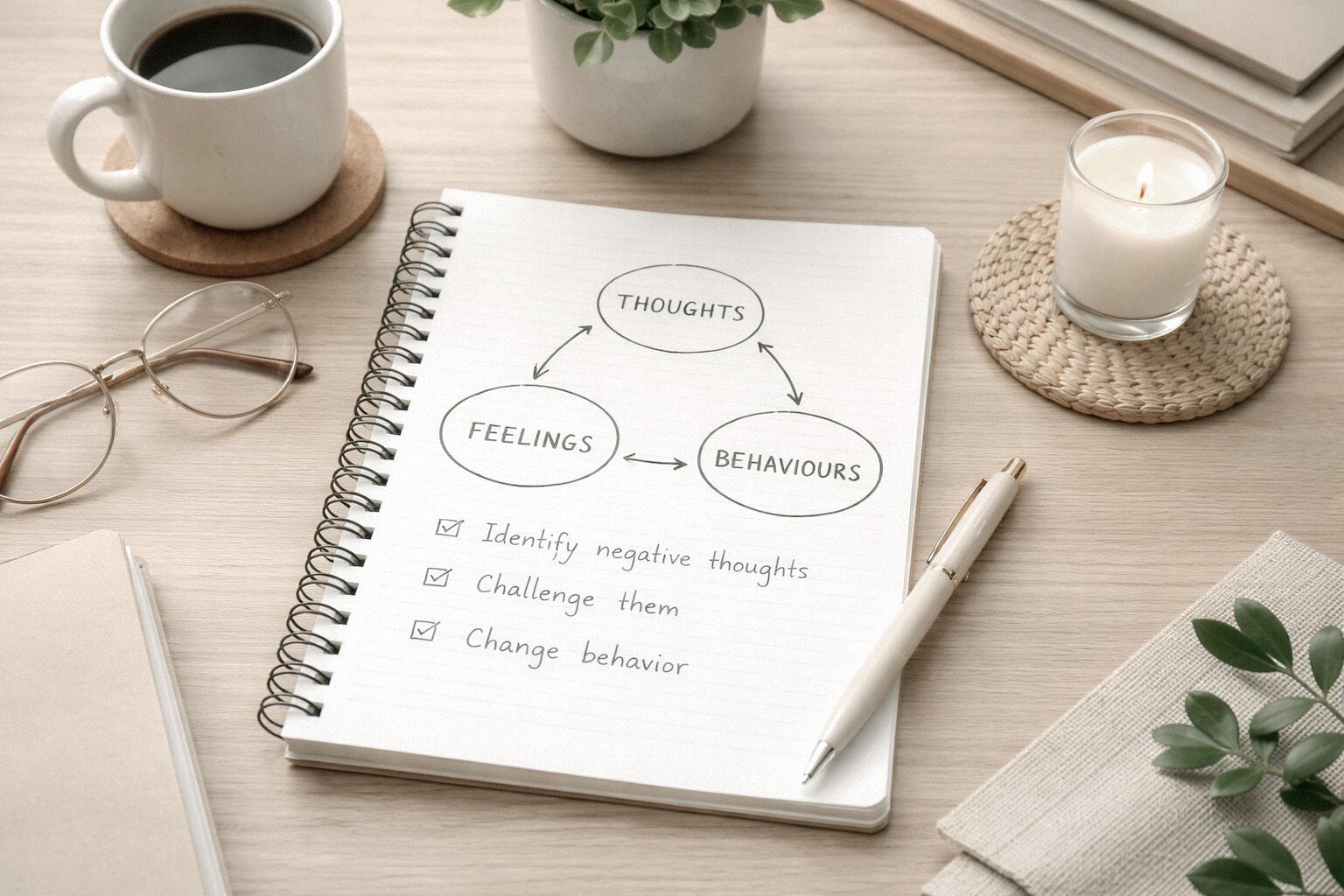 Notebook with thoughts, feelings, and behaviours diagram